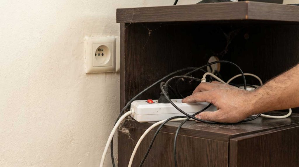 بررسی اتصالات سیم برق و سالم بودن محافظ برق پشت تلویزیون برای عیب یابی خاموشی