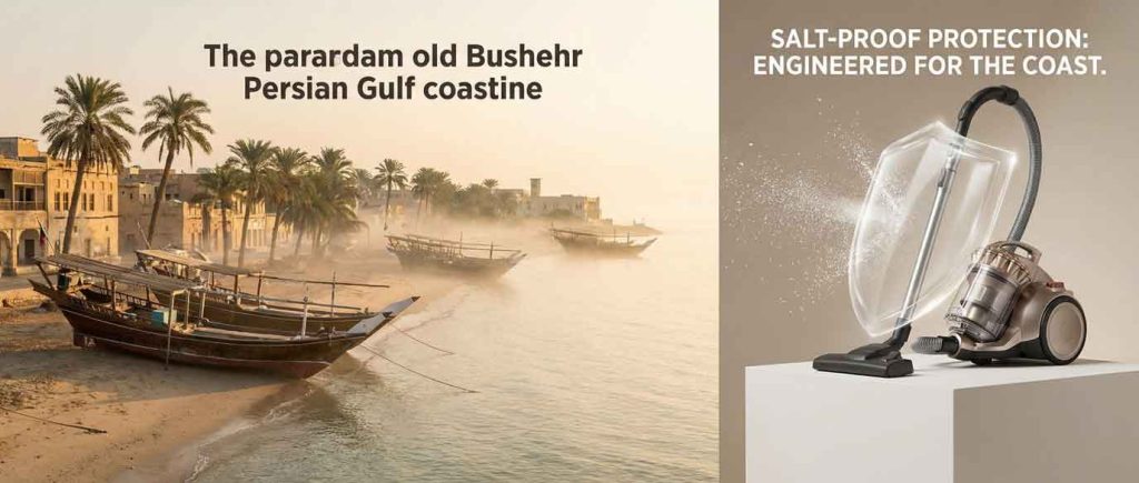 منظره ساحلی بوشهر و تأثیر آب و هوای مرطوب و نمک‌زدگی بر لوازم خانگی