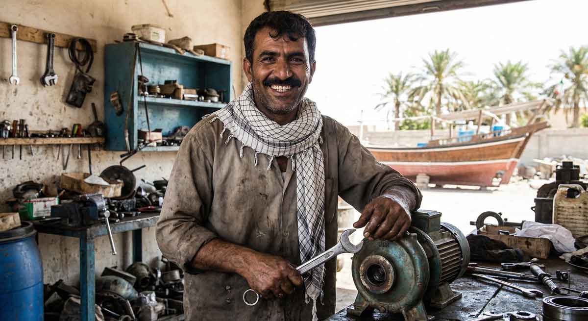 تعمیرکار پمپ آب بوشهری خندان پس از تعمیر موفق پمپ آب خانگی