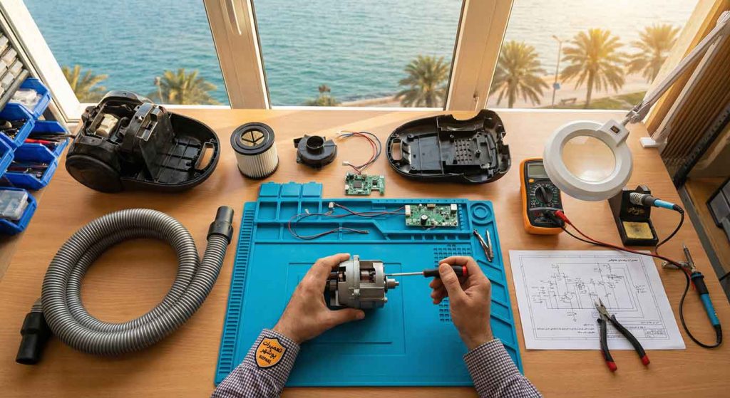 عیب‌یابی و بررسی قطعات داخلی جاروبرقی خراب توسط تعمیرکار متخصص در بوشهر